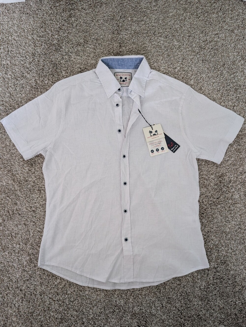 NWT Report Collection Men's Short-Sleeve Button-Down Shirt Linen Blend - White